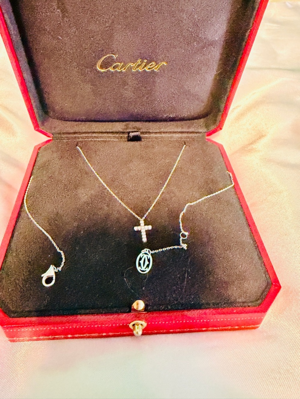 Cartier White Gild Cross Pendant Necklace with Logo Tag
